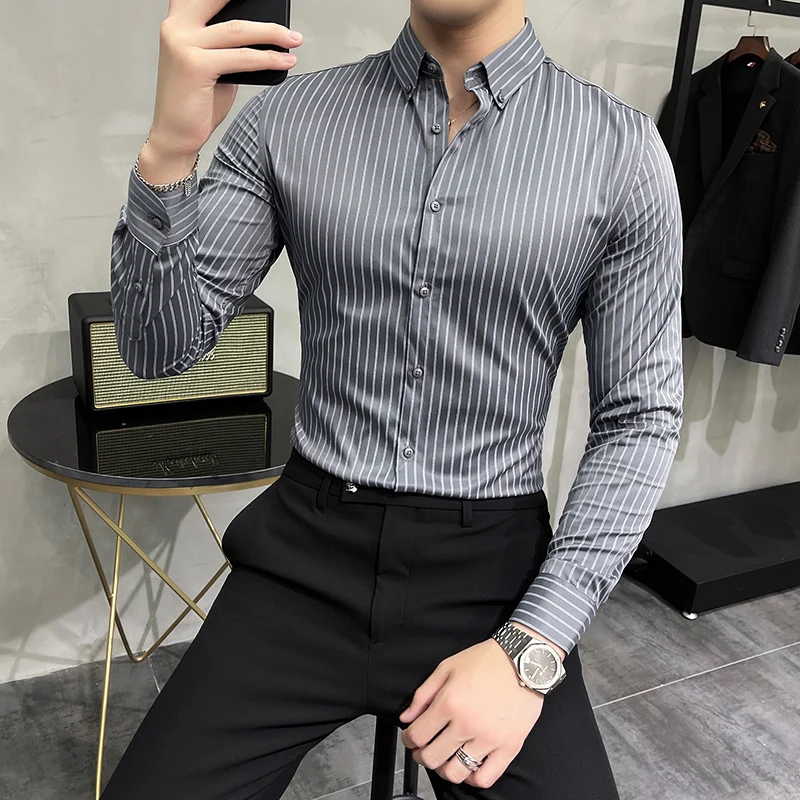 Top Trends: 2022 Trend Brand Fashion Korean Stripe Shirt Men British Windsor Collar Long Sleeve Shirt Men Business Slim Fit Shirt Dress 3XL Shoppable Styles