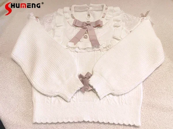 Top Trends: Japanese Style Sweet Bow Sweater For Women 2023 Autumn And Winter Cute Mine Mass-Produced Lace Fur Ball Replaceable Bow Sweaters Shoppable Styles - Image 6