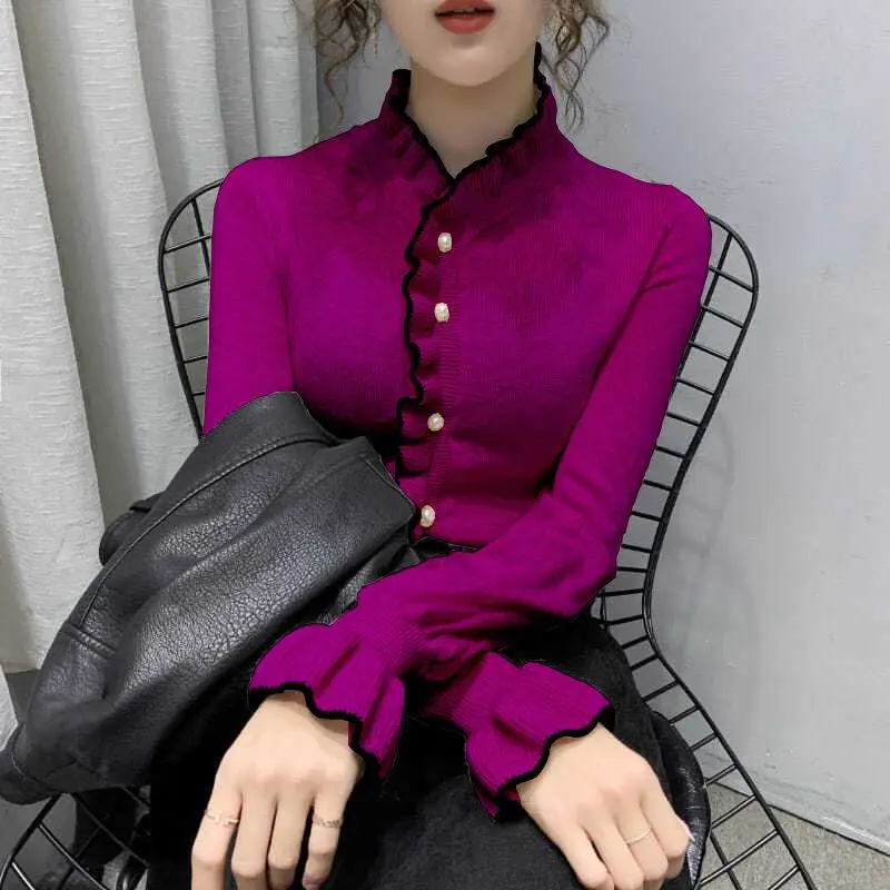 Top Trends: Fashion Knitted Spliced Button Ruffles Sweaters Women&#039;s Clothing 2023 Autumn Winter Loose Casual Pullovers Butterfly Sleeve Tops Shoppable Styles