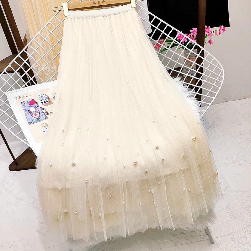 Top Trends: Beading Princess Tulle Skirts 2023 New Korean Style Spring Summer High Waist Elegant Mesh Pleated Skirt For Women Jupe Femme Shoppable Styles