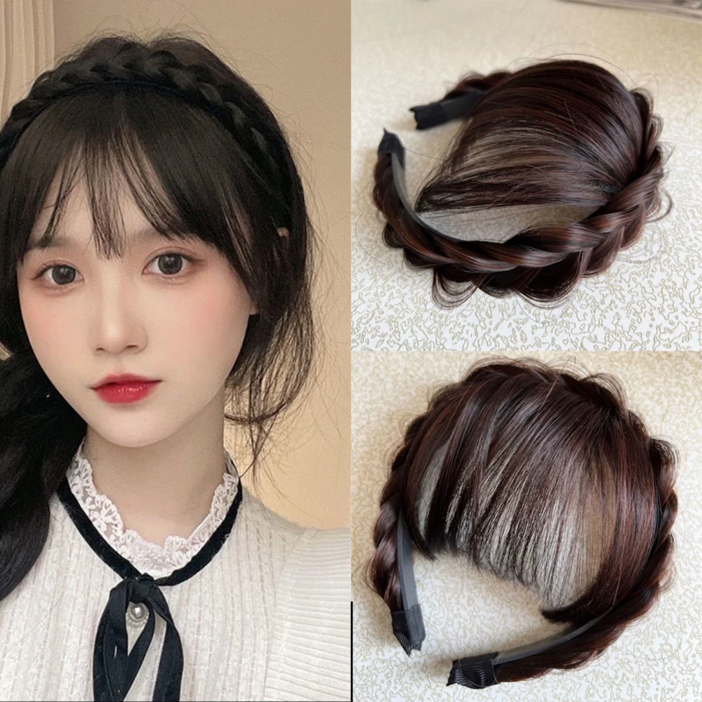 Top Trends: Fake Synthetic Bangs Hair Neat Fringe Bands With Double Row Braids New Headwear Accessories For Girls Invisible Natural Shoppable Styles