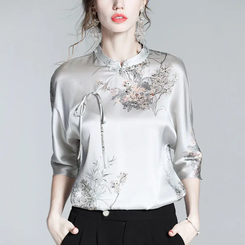 Top Trends: Femme Chinese Style Printing Silk Half Sleeve Stand Collar Blouse Autumn Office Lady Buttons Women Shirts Simplicity Lacing Tops Shoppable Styles