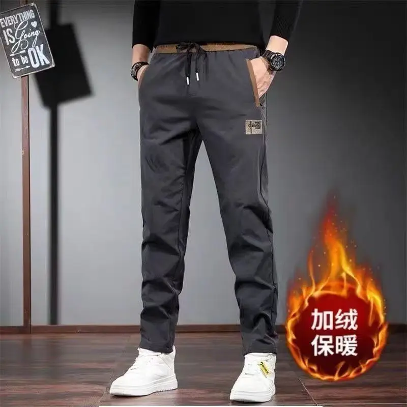 Top Trends: Winter New Solid Color Fashion Embroidered Straight Pants Man High Street Lacing Elastic Waist Pockets Plus Velvet Y2K Trousers Shoppable Styles