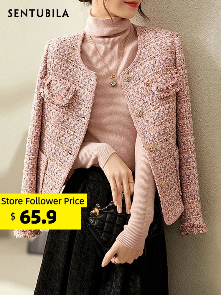 Top Trends: Sentubila Pink Textured Tweed Jacket For Women 2023 Round Neck Single Breasted Patch Pockets Elegant Chic Winter Coats 123W42780 Shoppable Styles