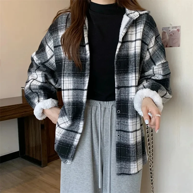 Top Trends: Velvet Thickening Outer Wear Warm Peplum Shirt Women Korean Plaid Autumn Winter New Fashion 2023 Shoppable Styles