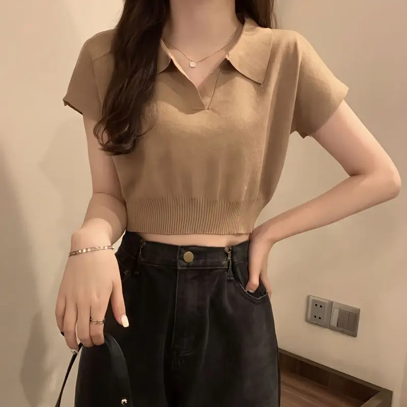 Top Trends: Polo Neck Short Sleeve Knitted Ice Silk Top Women&#039;s Summer Thin 2023 New Early Spring Inner T-shirt Shoppable Styles