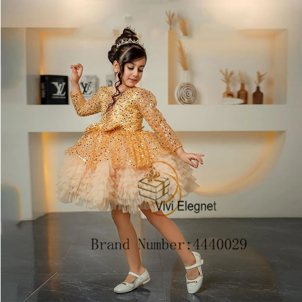 Top Trends: Gold Sequined Flower Girl Dresses With Bow Tutu Knee Length Wedding Party Gowns Scoop Communion שמלת שושבינה לילדות Summer 2023 Shoppable Styles