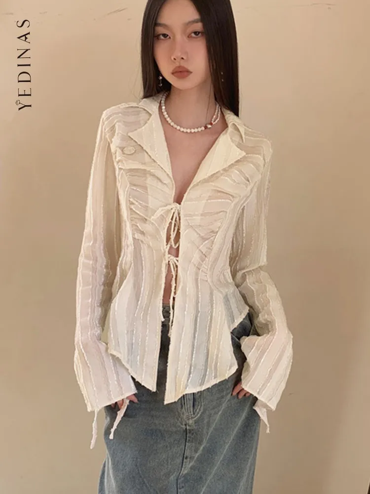 Top Trends: Yedinas Fairycore Lace Up Blouse Women Long Sleeve Spring 2023 New Turn-down Collar Women Shirt Ladies Tops Korean Fashion Chic Shoppable Styles