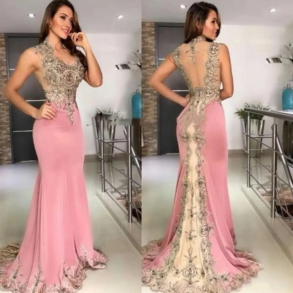 Top Trends: Sexy Pink Mermaid Evening Dresses Wear V Neck Lace Appliques Party Gowns Crystal Beaded Sleeveless Sheer Back Formal Prom Dress Shoppable Styles