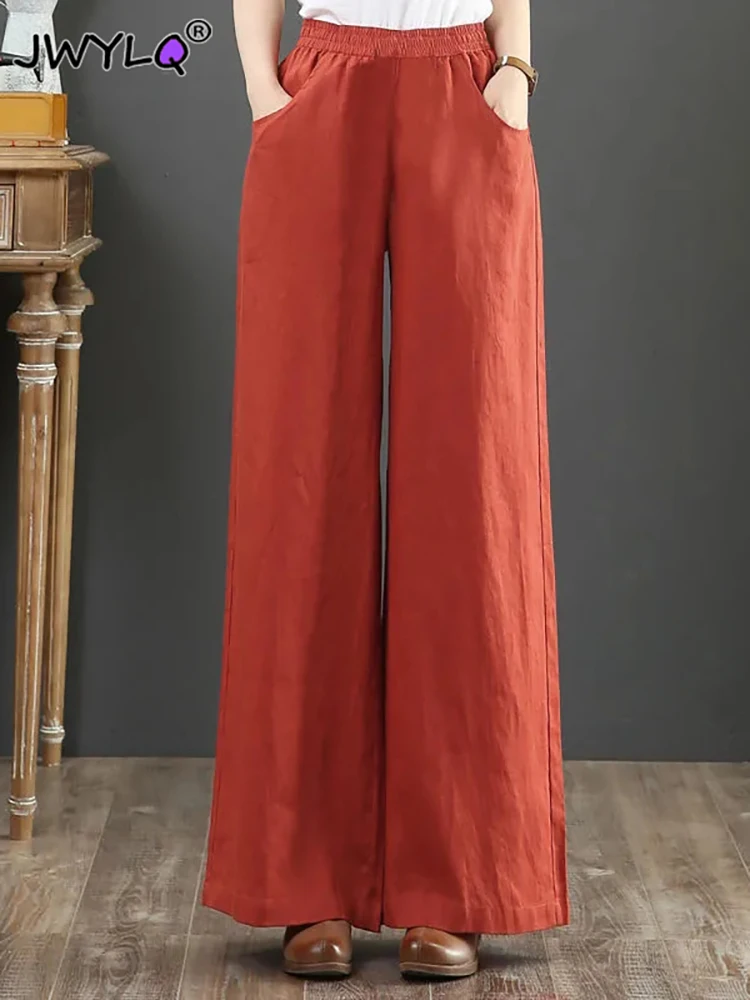 Top Trends: Summer High Waist Elastic Waist Oversize 4xl Cotton Linen Pant Women Simple Loose Streetwear Trousers 2023 Mom&#039;s Wide Leg Pants Shoppable Styles