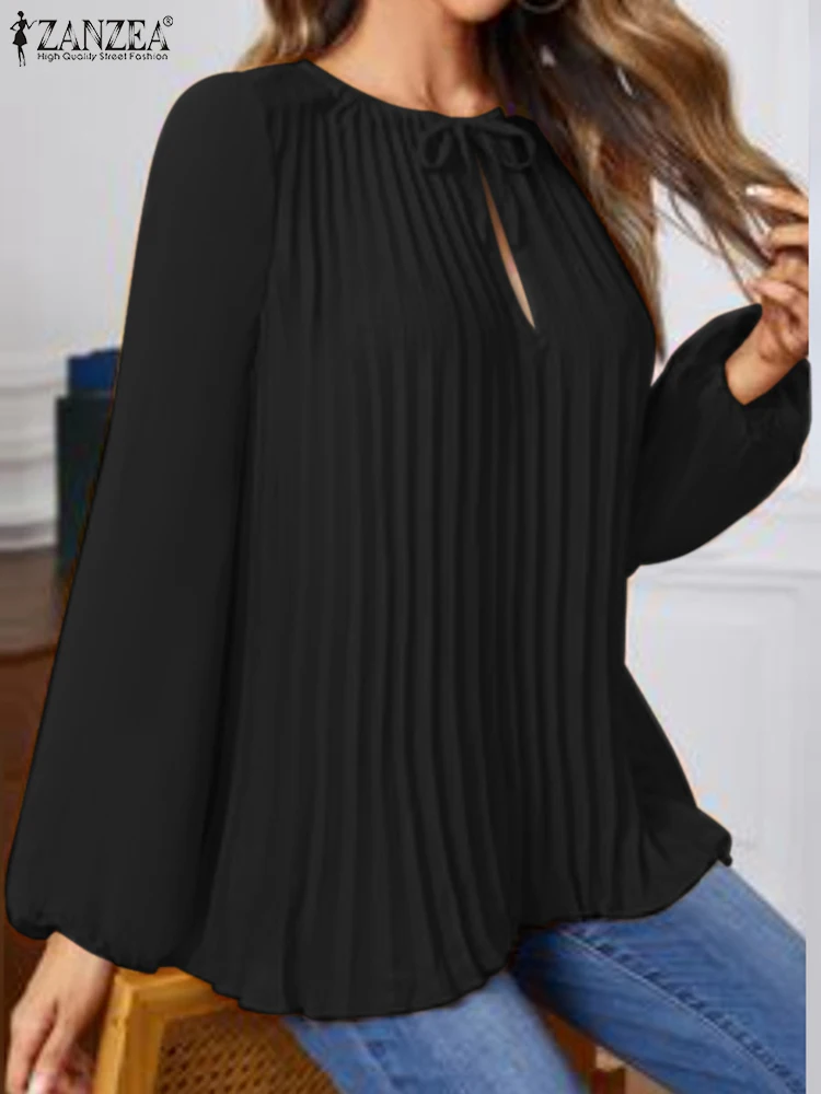 Top Trends: ZANZEA 2023 Women Long Lantern Sleeve Blouse Bow Tie Neck Hollow Out Top Autumn Solid Pleats Blusas Loose Fashion Shirt Oversize Shoppable Styles