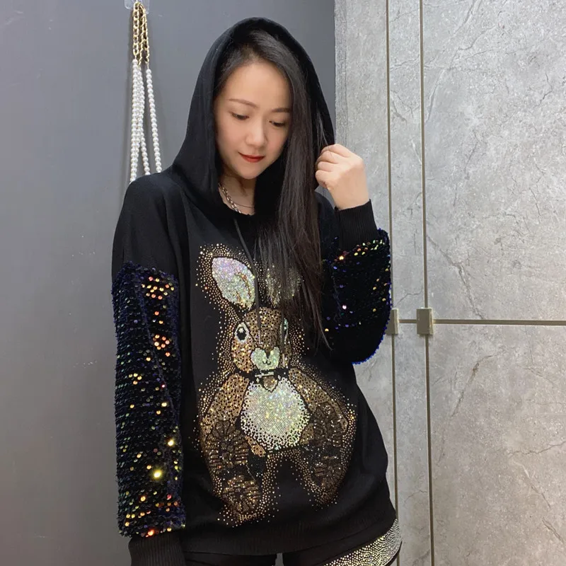 Top Trends: Cartoon Rabbit Rhinestone Sequins Hoodie Coat 2023 Spring Autumn Women's Clothing Hot Drilling Long Sleeve Sweater For Women Shoppable Styles - Image 6