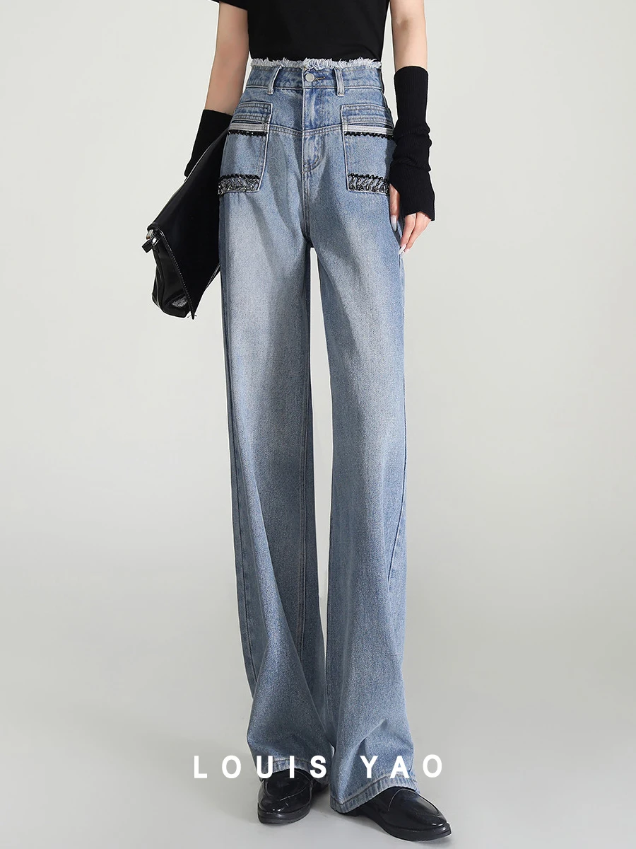 Top Trends: LOUIS YAO Women Jeans 2023 Winter High Waist Straight Loose Wide-leg Trousers Bead Retro Fashion Casual Denim Pants Baggy Jeans Shoppable Styles