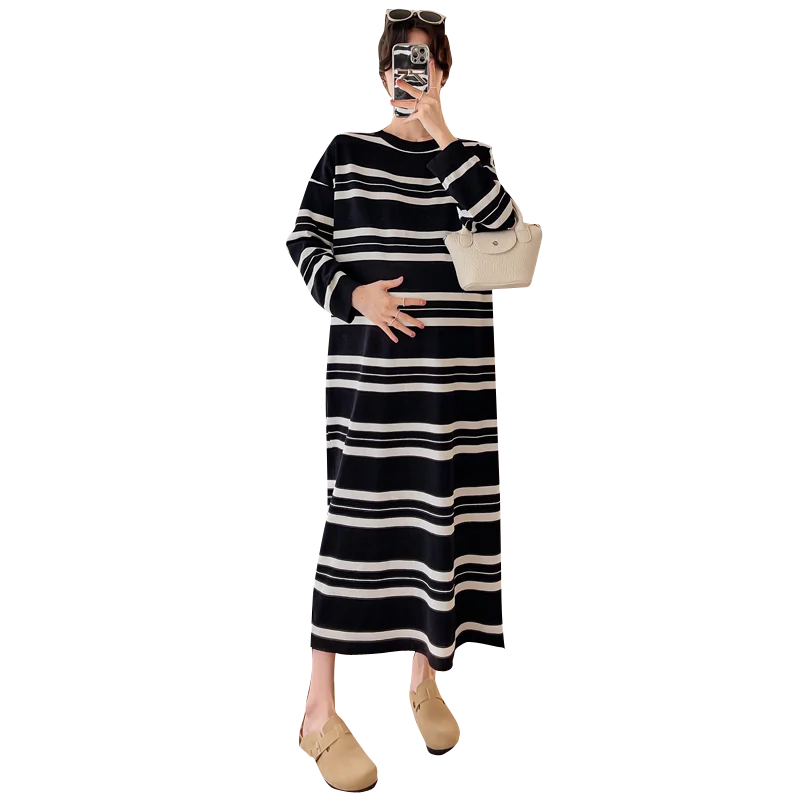 Top Trends: 1056 # 2023 Autumn Winter Strip Knitted Maternity Long Dress Oversize Loose Straight Clothes For Pregnant Women Casual Pregnancy Shoppable Styles