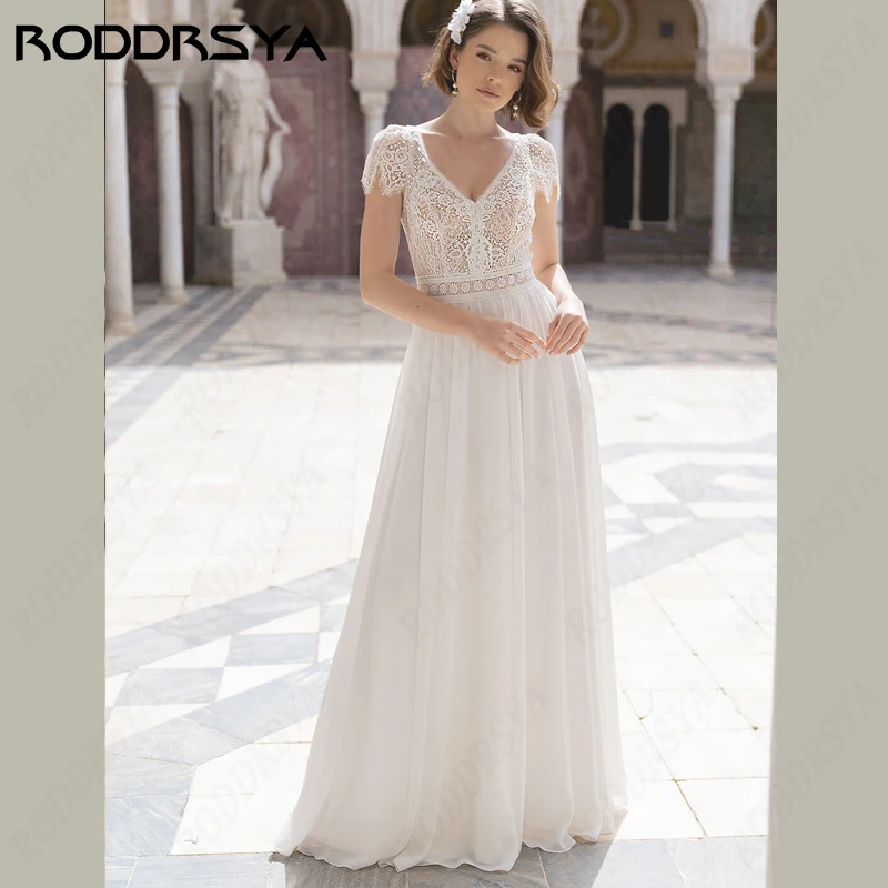 Top Trends: RODDRSYA Civil Wedding Dresses Soft Chiffon Vestido De Noiva Lace Backless Illusion Custom Made Cap Sleeves V-Neck Bridal Gown Shoppable Styles