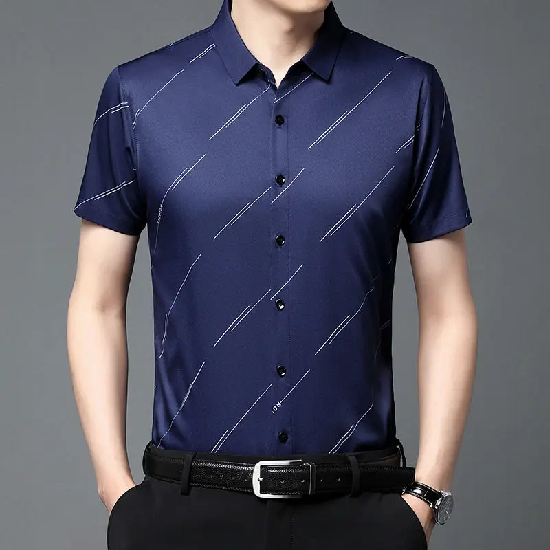 Top Trends: Business Office Casual Short Sleeve Printed Shirt For Men 2023 Summer Male Clothes All-match Single-breasted Polo-Neck Shirt Shoppable Styles - Image 3