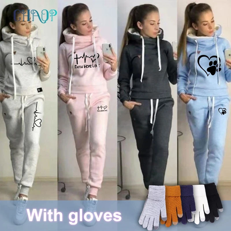 Top Trends: 2 Piece Set Autumn Winter Tracksuit Women Sportwear Fleece Hoodies Pullover Sweatshirts Jogger Pants Warm Outfits With Gloves Shoppable Styles