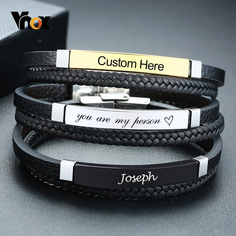 Top Trends: Vnox Personalize Braided Genuine Leather Bracelets For Men Customize Name Words Stainless Steel Casual Male Bangle Shoppable Styles