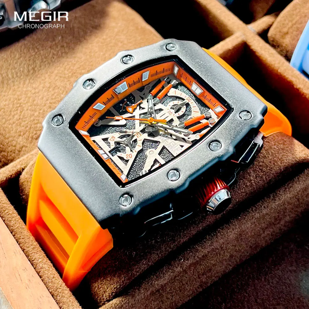 Top Trends: MEGIR Military Sport Orange Silicone Strap Quartz Watch Men Fashion Luminous Tonneau Dial Chronograph Wristwatch With Date 2218 Shoppable Styles