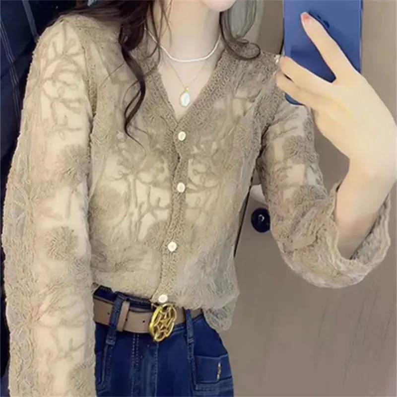 Top Trends: Korean Lace Hollow Out Shirt Women's Clothing Elegant V-Neck Single-breasted Spring Summer Commute Fashion Gauze Straight Blouse Shoppable Styles - Image 3