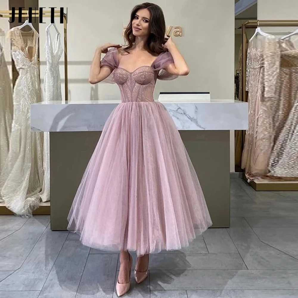 Top Trends: JEHETH Sexy Simple Short Prom Dresses Off The Shoulder Corset Tulle Tea Length Formal Evening Gowns Lace Up Back Party Dresses Shoppable Styles