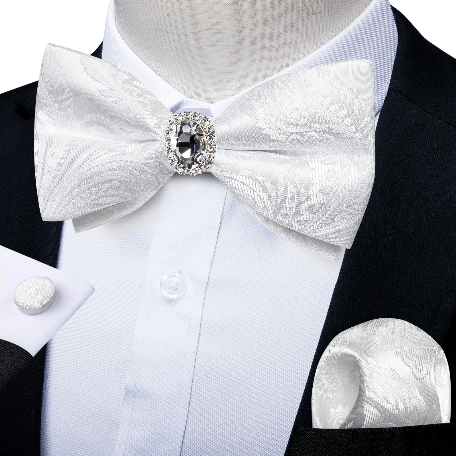 Top Trends: Unique Designer White Pre-tied Bowtie With Jewel Ring Wedding Men's Bow Tie Butterfly Knot For Business галстук Handkeechief Set Shoppable Styles