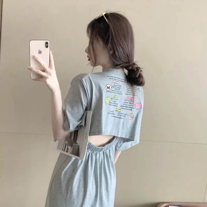 Top Trends: Summer Backless Split Hem Midi Dress Round Neck Short Sleeve Printing Ladies Dresses Korean Fashion Women Clothing Shoppable Styles