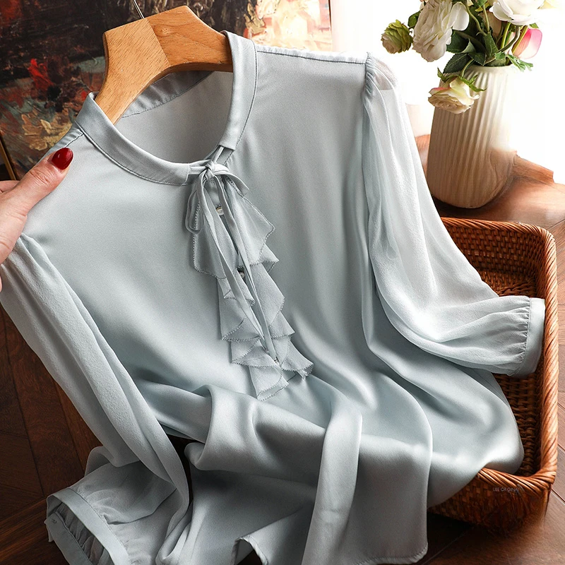 Top Trends: YCMYUNYAN Silk Women's Shirts Chinese Style Solid Blouses Ladies Clothing Summer 2023 Loose Short Sleeves Ruffle Satin Tops Shoppable Styles