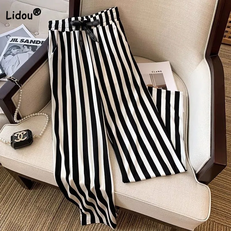 Top Trends: Summer Fashion Women&#039;s High Waist Striped Wide Leg Pants 2023 Korean Elastic Drawstring Casual Loose Trousers Female Clothing Shoppable Styles