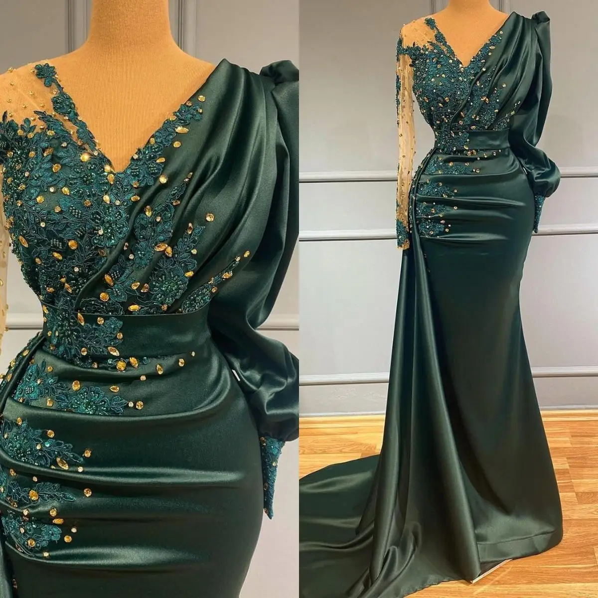 Top Trends: Luxury Long Sleeves Elegant Green Mermaid Evening Dress Beaded 2023 V Neck Lace Appliques Prom Formal Party Satin Gowns Custom Shoppable Styles