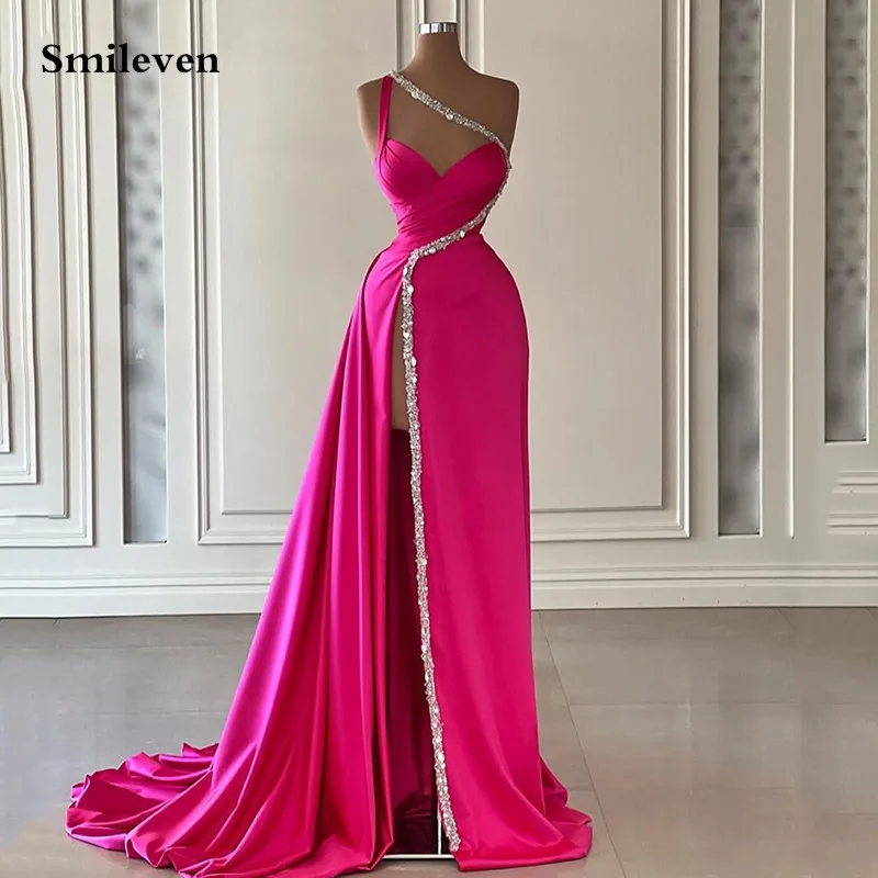 Top Trends: Smileven Newest Hot Pink Mermaid Evening Dresses Sexy Beading Pleats Party Dress High Side Split Cocktail Gowns 2023 Shoppable Styles