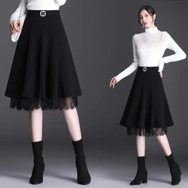 Top Trends: Fashion Elastic Waist Spliced Folds Lace High Waist Skirt Women's Clothing 2024 Spring New Loose Solid Color Office Lady Skirts Shoppable Styles - Image 5