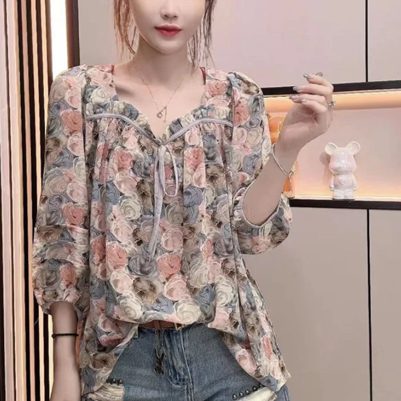 Top Trends: Women Summer Korean New Square Collar Chiffon Shirt Trendy Design Printing Drawstring Sun Protection Shirt Loose 3 / 4 Sleeve Tops Shoppable Styles