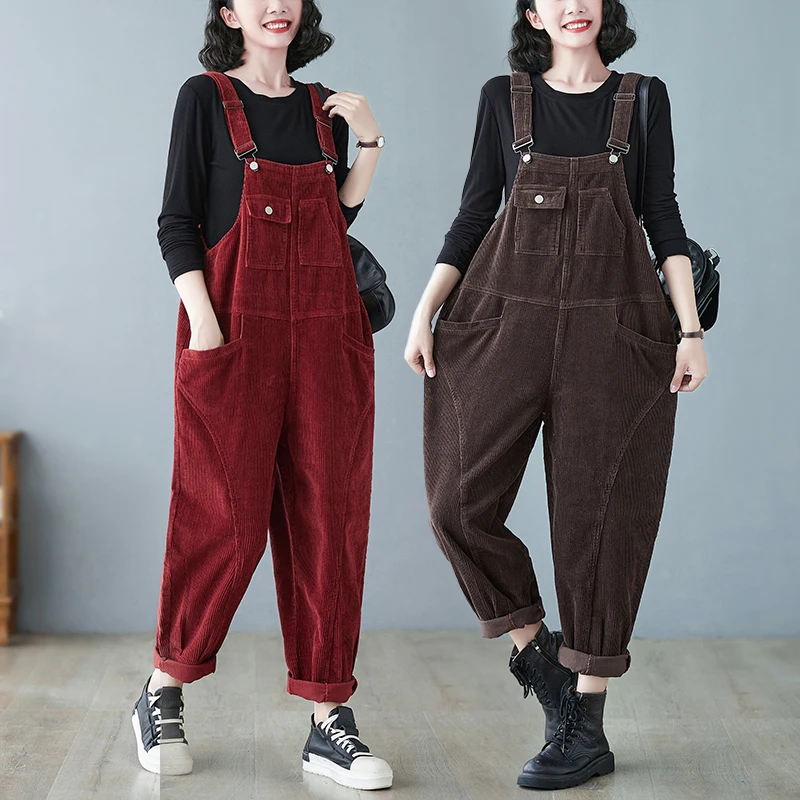 Top Trends: Winter Corduroy Rompers Womens Jumpsuit Loose Streetwear Straps Overalls Wide Leg Big Size Dungarees Suspender Baggy Cargo Pants Shoppable Styles