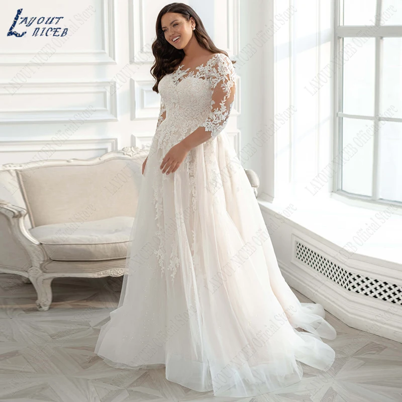 Top Trends: LAYOUT NICEB Eleagnt Wedding Dress Plus Size 3 / 4 Sleeves Glitter Tulle Lace Applique Vestido De Noiva Bride Women Modest New Shoppable Styles