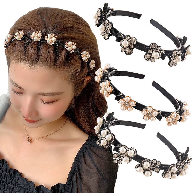 Top Trends: Pearl Flowers Hairpin Hairbands For Women Non-Slip Headband Rhinestones Hair Bands Clips Hairstyle Double Bangs Hair Accessories Shoppable Styles