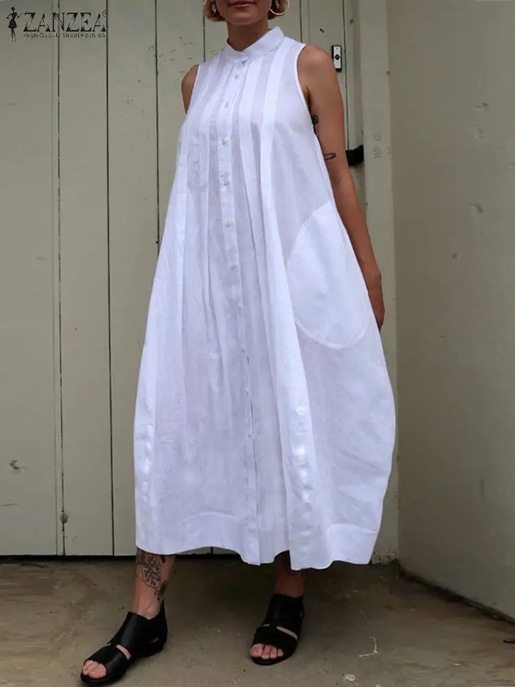 Top Trends: Women Sleeveless Tank Dress Casual Loose Pleated Buttons Long Vestidos ZANZEA Oversize Fashion Pocket Maxi Holiday Robes Street Shoppable Styles