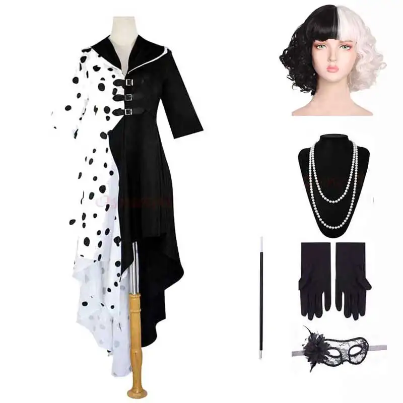 Top Trends: Girls Women Evil Madame Cruella De Vil Costume Cosplay Gown Black White Maid Dress Gloves Wig Halloween Party Fancy Dress Shoppable Styles