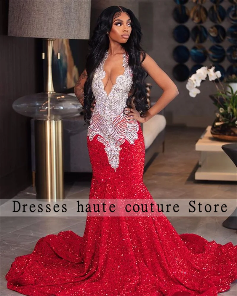 Top Trends: Luxury Red Sequined Mermaid Long Prom Dresses 2024 For Black Girls Rhinestones Crystals Birthday Party Gowns Evening Dresses Shoppable Styles