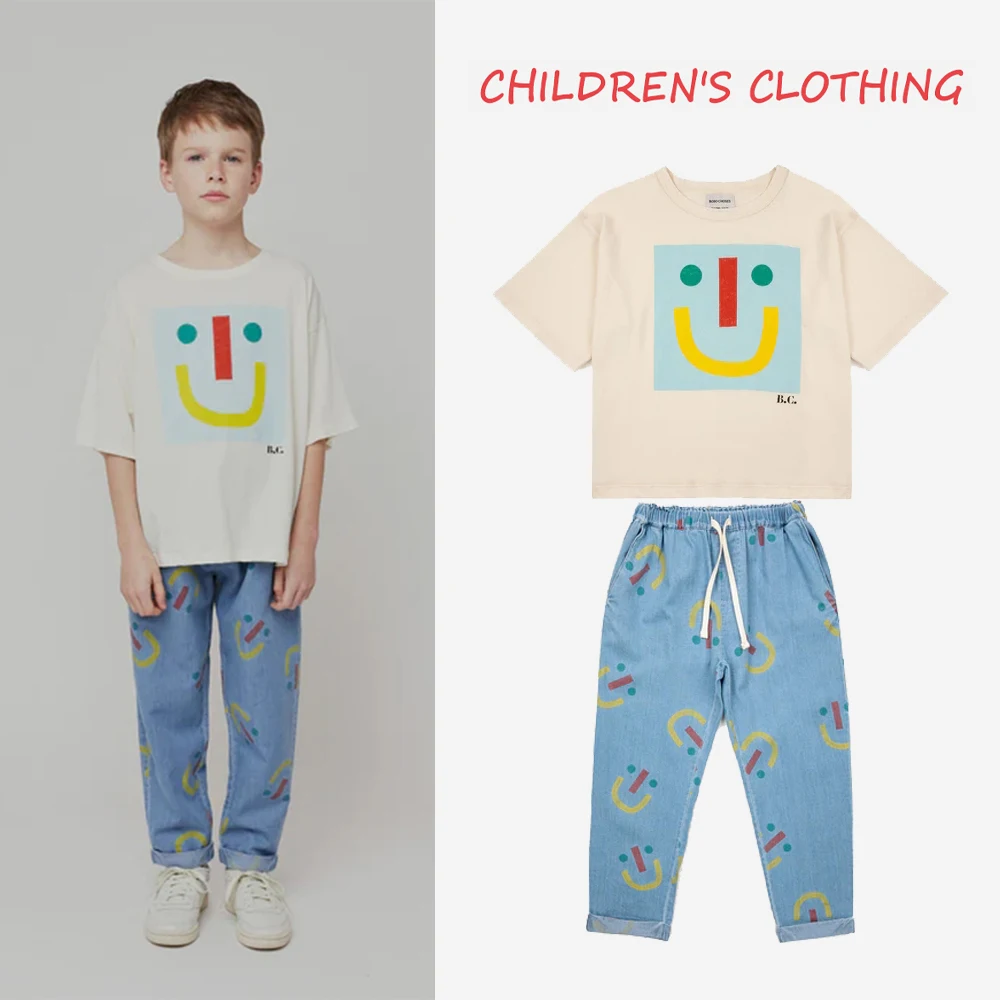 Top Trends: 2023 BC Summer And Autumn Children's Korean Cute Happy Smiling Face T-shirt Jeans Sweater Childrens Set Clothing Shoppable Styles