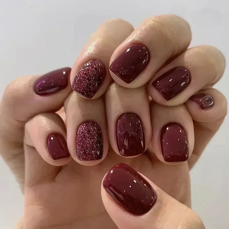 Top Trends: 24Pcs Short Solid Color Wine Red Fake Nail Tips With Glue Glitter Square / round Head False Nails Wearable Ballet Press On Nails Shoppable Styles