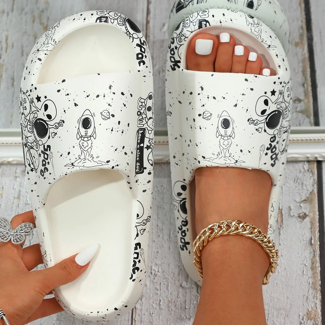 Top Trends: Women Slides Cartoon Alien Pattern Outdoor Beach Non-slip Woman Slippers Couple Bathroom Sandals Summer New Female Shoes 2022 Shoppable Styles