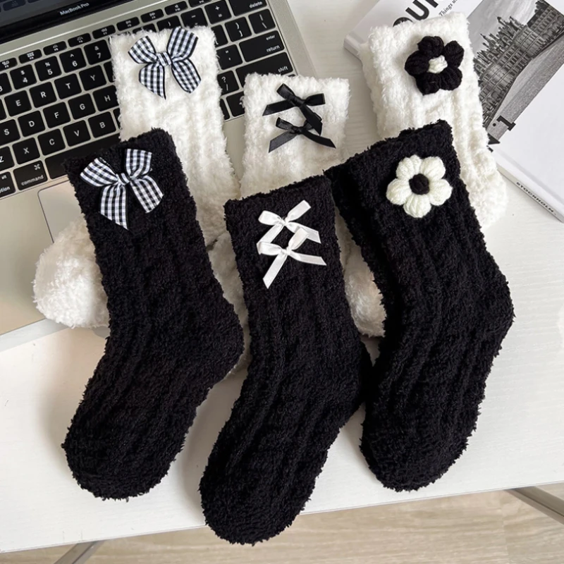 Top Trends: Winter Warm Cute Socks Women Flower Sock Fuzzy Autumn Funny Middle Tube Thick Home Black White Floor Soft Sleeping Female Shoppable Styles