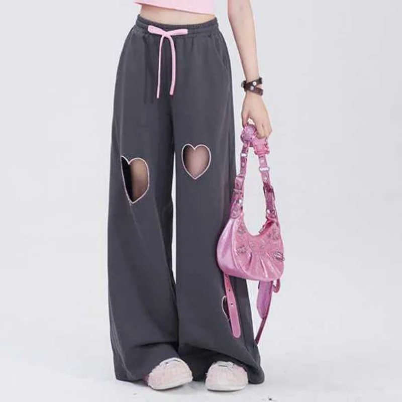 Top Trends: Sweet Cute Youth Vintage Love Hollow Out Casual Pants Women's Solid Summer High Waist Drawstring Pockets Loose Straight Trousers Shoppable Styles