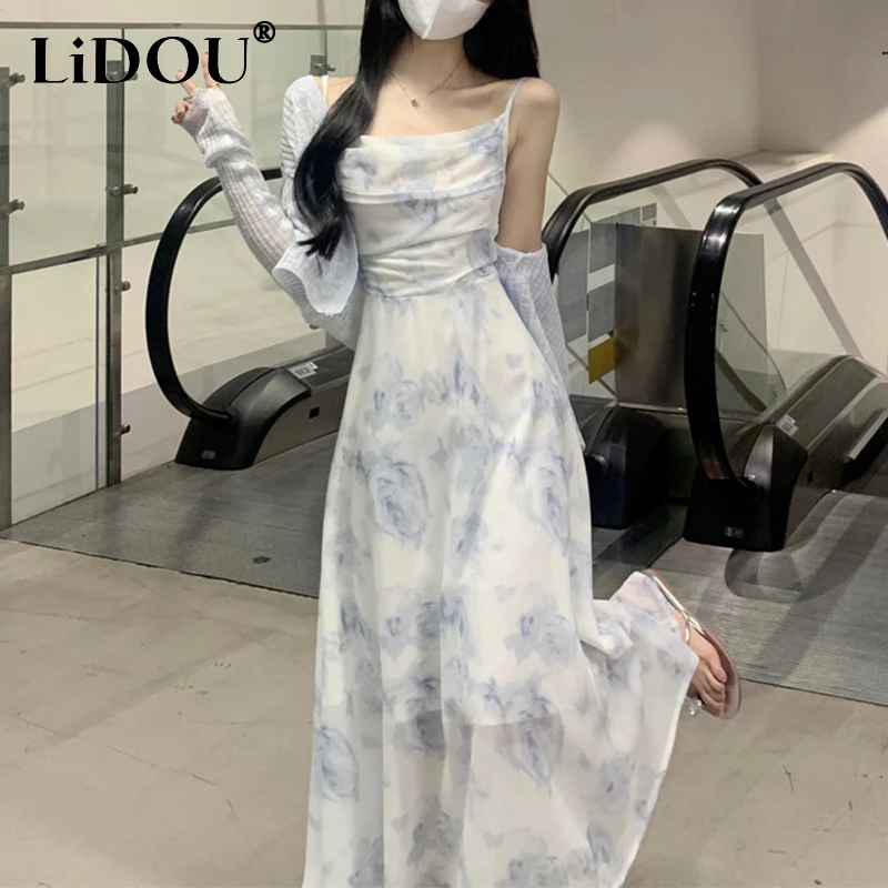 Top Trends: Summer Autumn Floral Printing Sweet Slip Dress Ladies Sexy Sleeveless Tank Robe Knitting Coat Two Pieces Set Women's Clothing Shoppable Styles