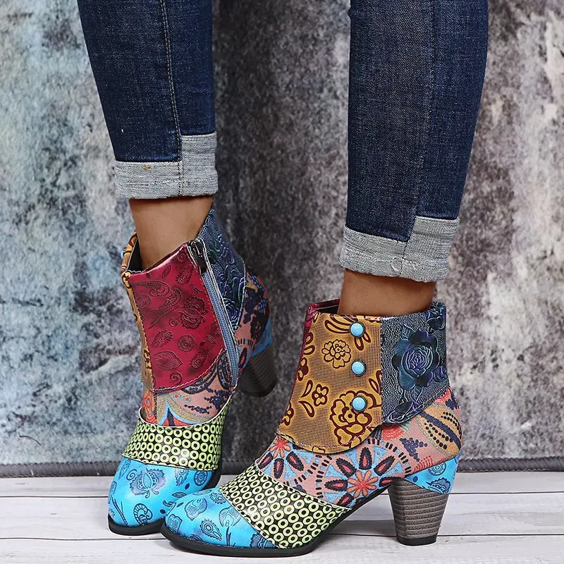 Top Trends: Vintage Splicing Printed Ankle Boots For Women Shoes Female PU Leather Retro Block High Heels Bohemian Ladies Winter Short Boots Shoppable Styles