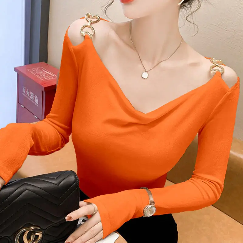 Top Trends: Fashion V-Neck Button Hollow Out Off Shoulder Blouse Women's Clothing 2023 Autumn New Oversized Casual Pullovers Sweet Shirt Shoppable Styles