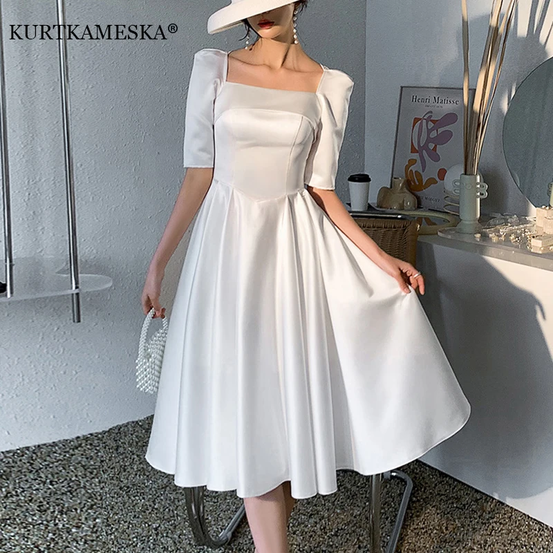 Top Trends: White Satin Evening Prom Dresses For Women Summer 2023 Square Collar A-LINE Dress Elegant Wedding Photos Formal Party Vestidos Shoppable Styles