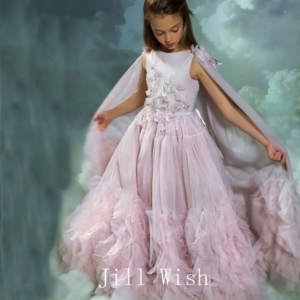 Top Trends: Jill Wish White Flower Girl Dress Beading Pearls With Cape Princess Kids Arab Gown For Wedding Birthday Evening Party Show J070 Shoppable Styles