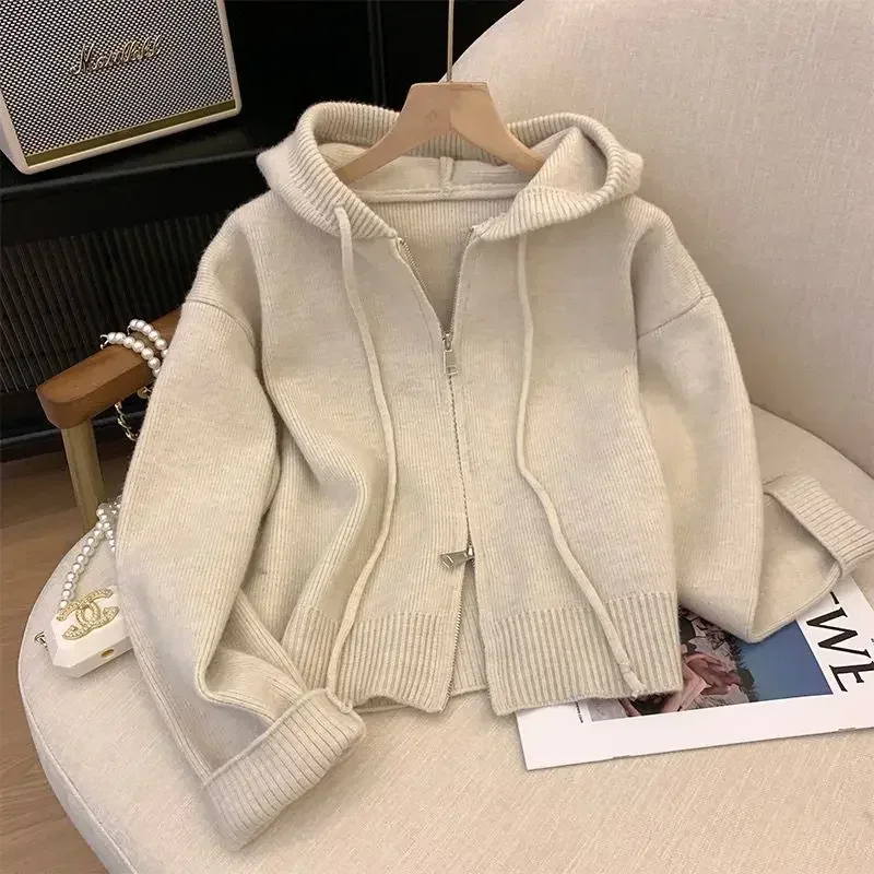 Top Trends: Hooded Short Knitted Cardigan Sweater WomenAutumn And Winter Loose Sweater Long Sleeve Zipper Knitted Coat Versatile Top Ins Shoppable Styles